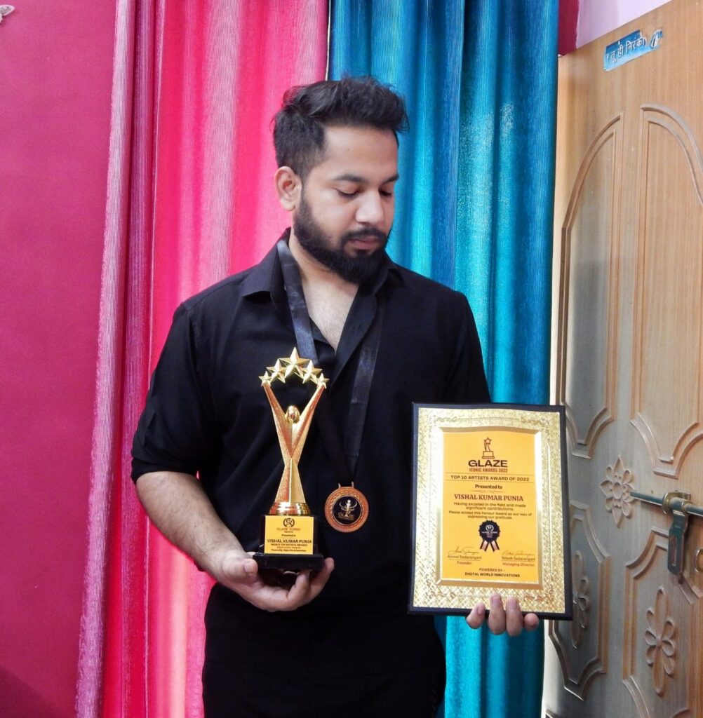 Vishal Kumar Punia, 23 years old artist won Best Artist award 2022 and selected for top 100 achievers of North India He is a Graphite based artist who deals in realism artworks and sold 25 original paintings within 6 months and done Commission work for various companies and institutions