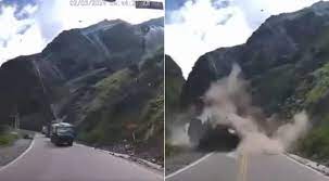 Dashcam Footage Captures Terrifying Moment as Boulders Crush Moving Trucks in Peru