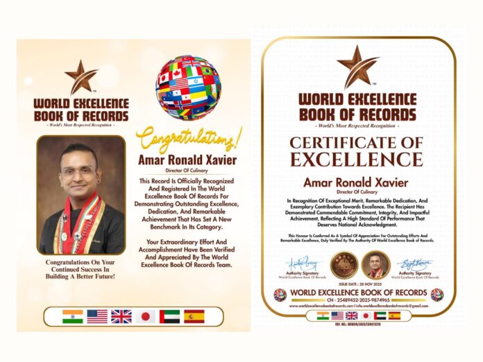 Chef Amar Ronald Xavier Honored by World Excellence Book of Records for Culinary Excellence