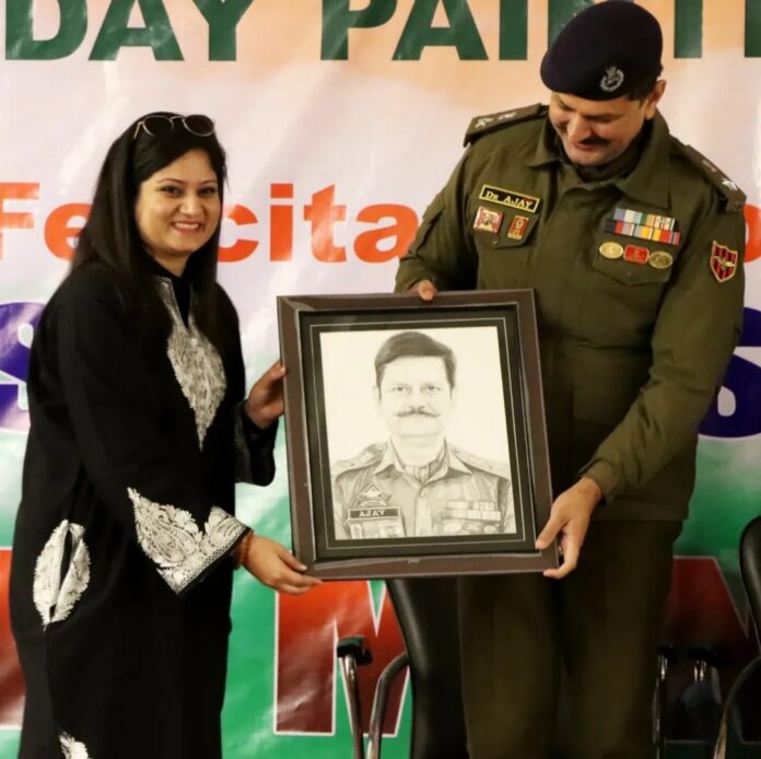 Artist Mahua Gupta Presents Artistic Sketch to Dr. Ajay Sharma, SP South Jammu.